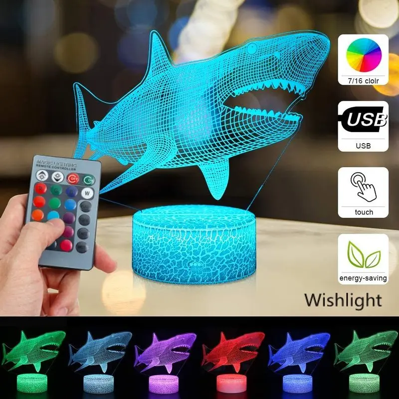 

16 Color 3D Shark Night Light Kids Room Changing Led Touch Lamp Bedroom Animal Nightlights Baby Children Nursery Toddler Gir