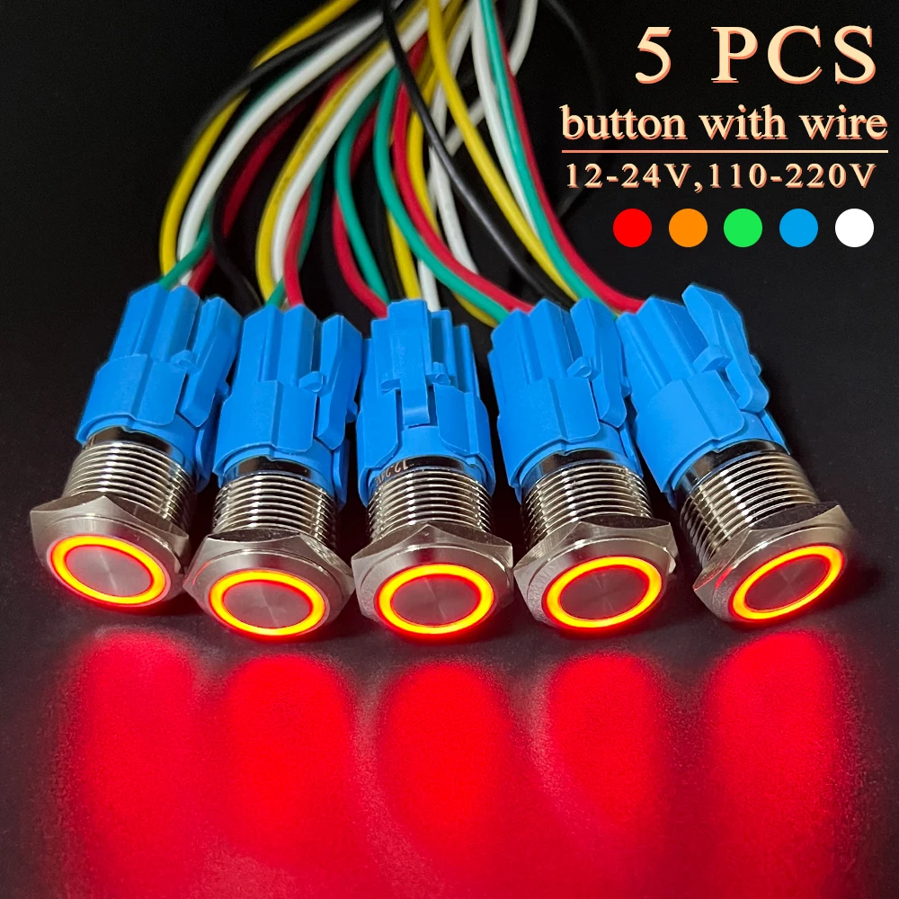 

Metal Push Button Switch Momentary Reset/Fixed Lock Latching Led 12/24/220V Power Start Stop Turns On/Off Diy Electronic