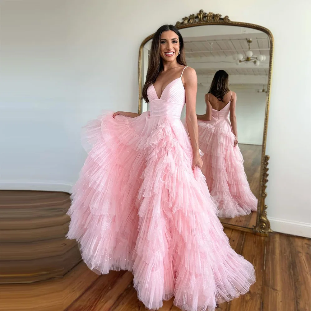 

Sevintage Pink Tiered Ruffles Tulle Prom Dresses V-Neck Spaghetti Strap Pleat Ruched A-Line Graduation Party Dress Pageant Gown