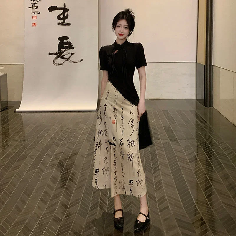 New Chinese Style High Grade Irregular Calligraphy Half Body Dress Fashion Qipao Two Piece Set Skirt Women's Summer Hanfu Suit
New Chinese Style High Grade Irregular Calligraphy Half Body Dress Fashion Qipao Two Piece Set Skirt Women's Summer Hanfu Suit