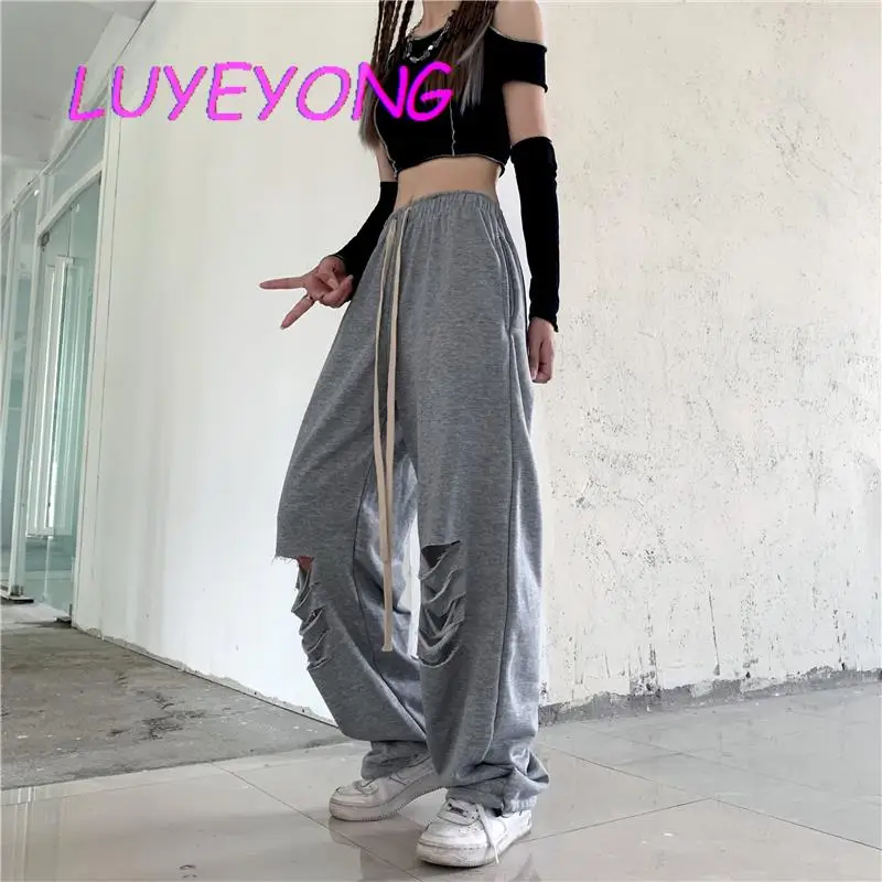 Casual Wide Leg Pant Harajuku Lady Solid Gray Long Pants Women Drawstring Elastic Waist Trouser Ripped Hollow Out 2023 Spring
Casual Wide Leg Pant Harajuku Lady Solid Gray Long Pants Women Drawstring Elastic Waist Trouser Ripped Hollow Out 2023 Spring