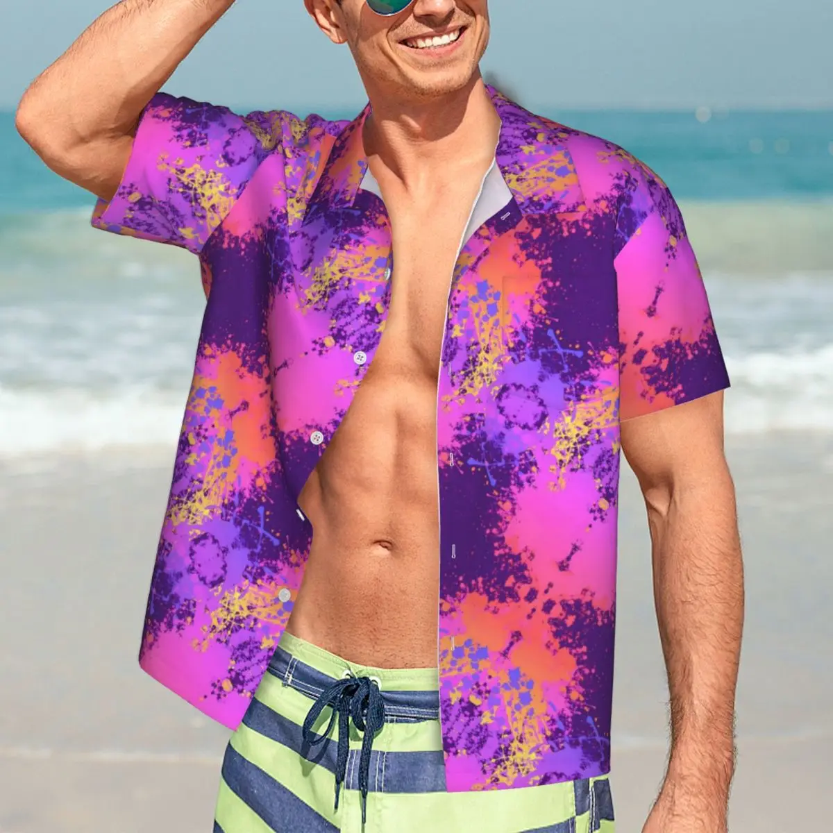 

Рубашка мужская пляжная с абстрактным принтом, фиолетовый брызг, Гавайский стиль, повседневная элегантная уличная одежда с короткими рукавами