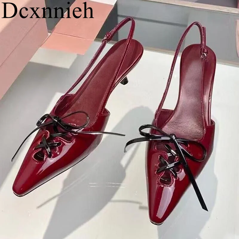 

New Pointed Toe Cross Strap Low Heeled Sandalias Women's Genuine Leather Thin Heels Sandals Summer Sexy Party Dress Shoes