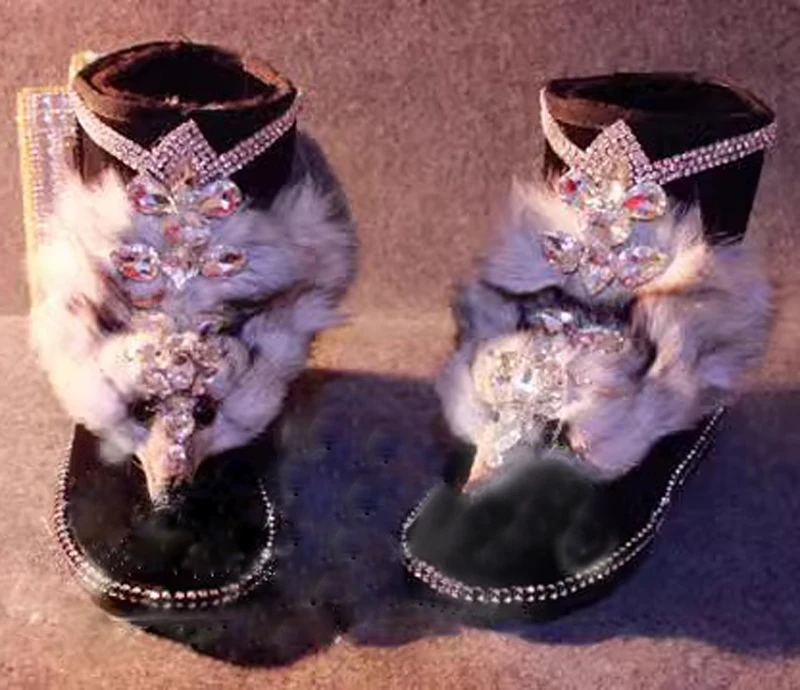 

Fashion Fur Fox Head Crystal Embellished Snow Boots Black Suede Bling Thick Sole Glitter Rhinestone Woman Winter Boots