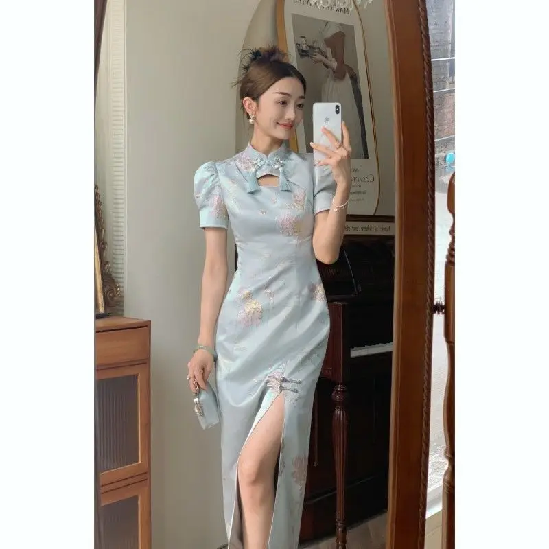 

Blue Print Dresses Satin Cheongsams New Chinese Style Qipao Women Improved Vestidos Vintage Mandarin Collar Qipao Dresses