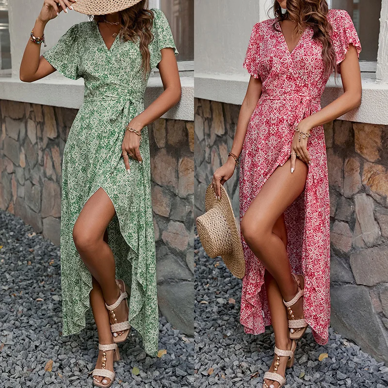 

A Printed V-Neck DressWaist Flared Sleeves Chic Fashion Summer Daily High Style Form-Fitting Casual Sexy Beach Vacation Woman