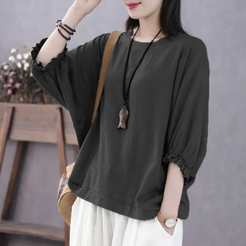 

Summer Women's Round Neck Solid Shirring Folds Three Quarter Batwing Sleeve T-shirt Fashion Casual Plus Size Office Lady Tops