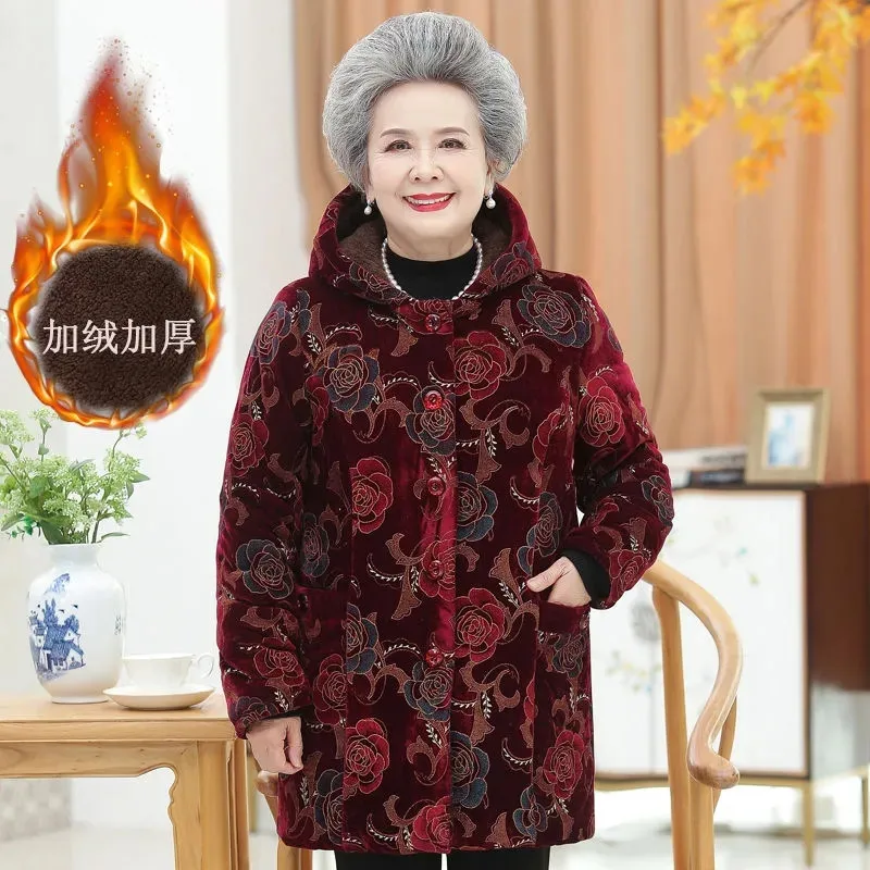 

Winter Overcoat Parka Middle Aged Elderly Women's Cotton Coat Add Velvet Thicken Warm Hooded Jacket Tops Casual Printing 5XL