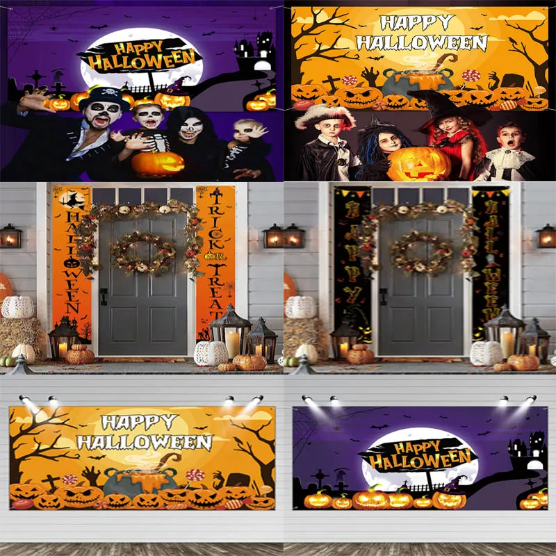 

180*110cm Halloween Party Backdrop Cloth Kids Vintage Pumpkin Castle Lantern Forest Photography Wall Decorations Curtain Banner