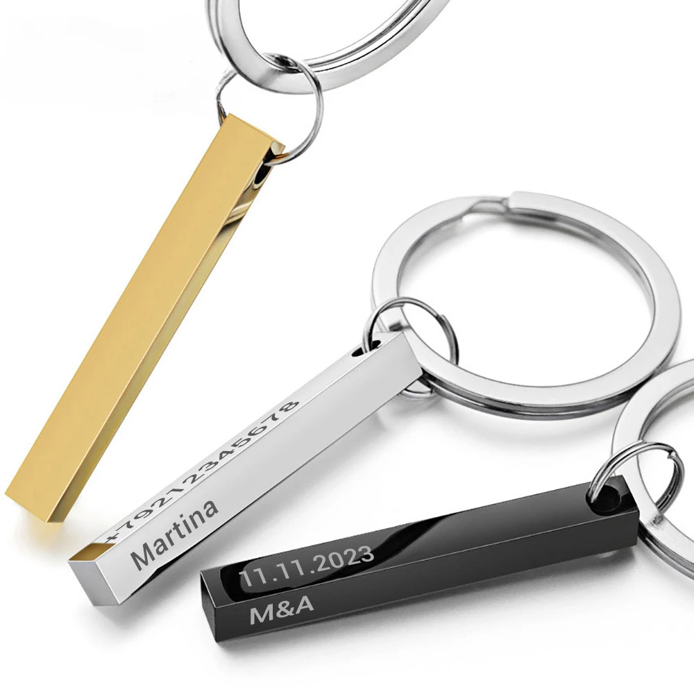 

Personalize Keychains 3D Bar Stainless Steel Keyrings 4 Sides Engrave Text Name Date Logo Custom Key Chains Rings Love Gift P039