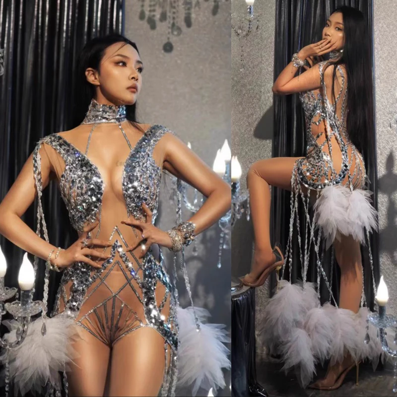 

New Sequins Fringed Ball Bodysuit Sexy Perspective Mesh Clothing Women Festival Outfit Nightclub Ds Dj Gogo Dance Costume SL7256