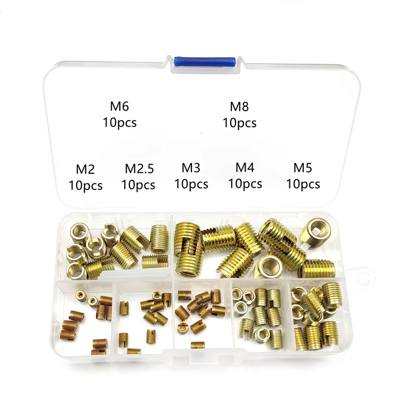70Pcs M2 to M8 Golden Galvanized Carbon Steel Self Tapping Thread Slotted Inserts Set Thread Repair Tools set Thread Inserts kit
70Pcs M2 to M8 Golden Galvanized Carbon Steel Self Tapping Thread Slotted Inserts Set Thread Repair Tools set Thread Inserts kit