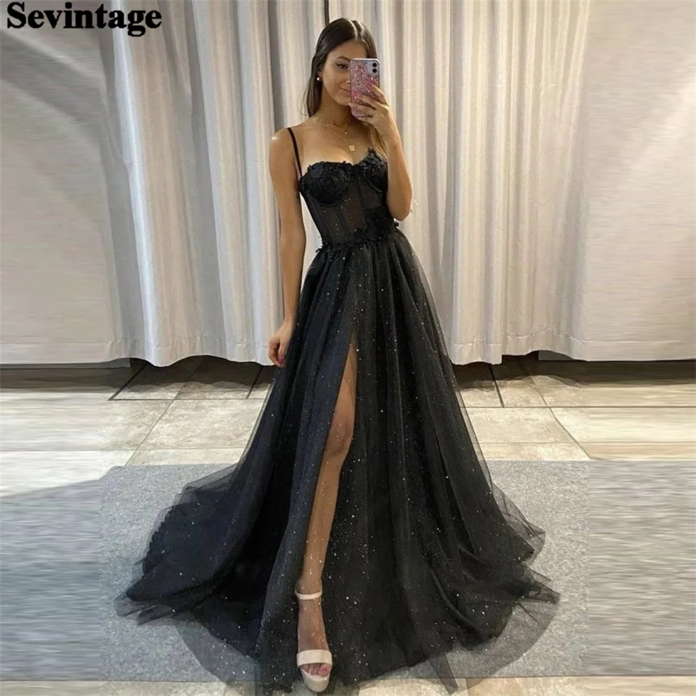 

Sevintage Elegant Black A-Line Evening Dresses Spaghetti Strap Fitted Bones Pleat Ruched High Slit Floor Length Prom Gown 2024