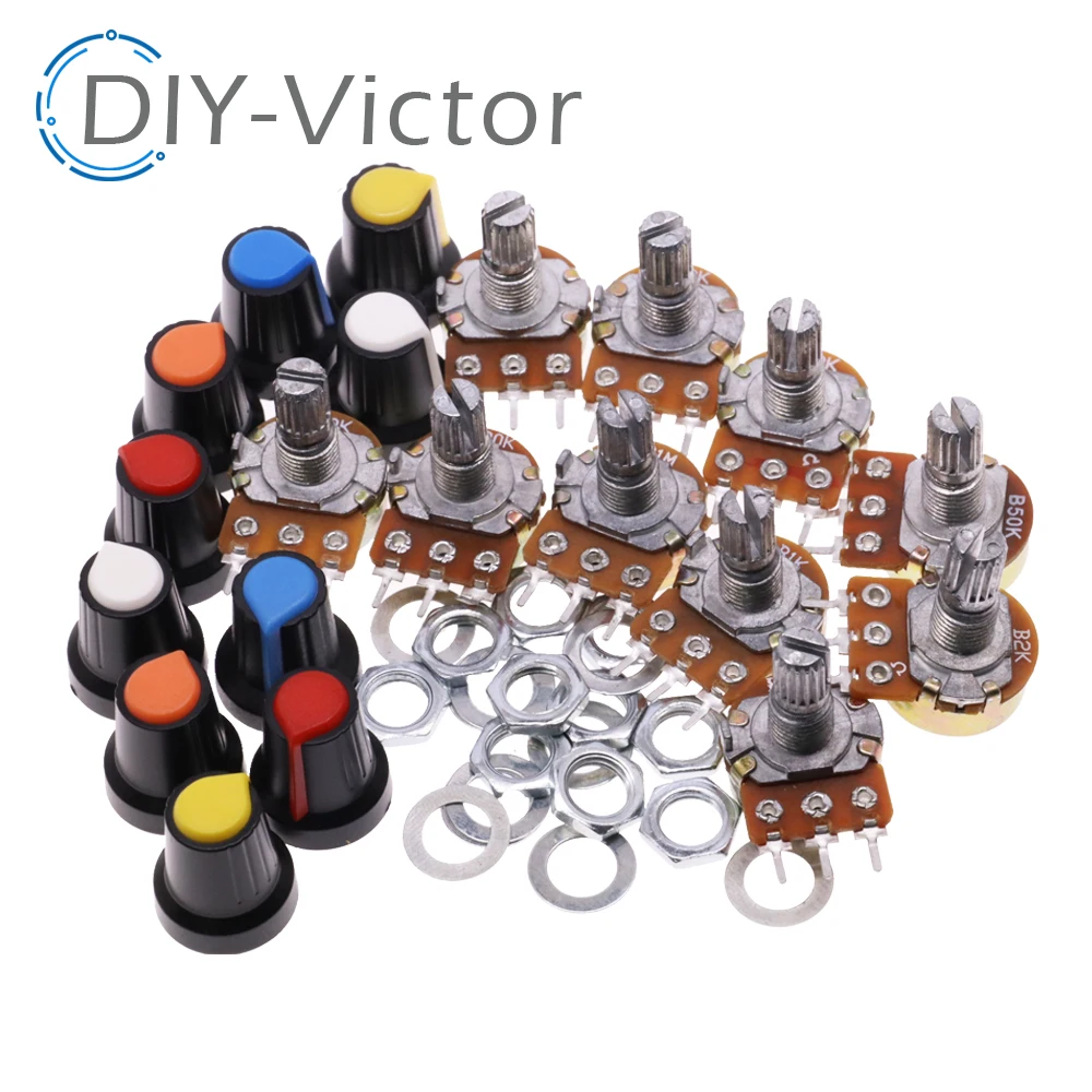 

10 Sets WH148 1K 10K 20K 50K 100K 500K Ohm 15mm 3 Pin Linear Taper Rotary Potentiometer Resistor for Arduino with AG2 Five color