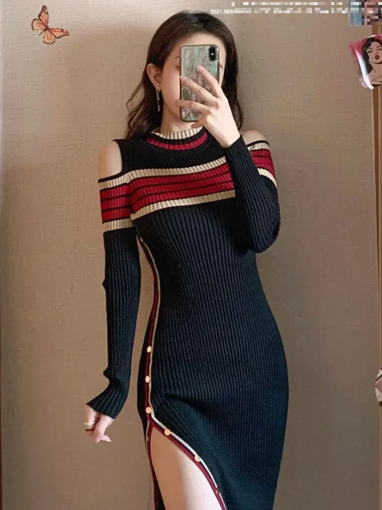 Dress Ladies Party Fashion Off Shoulder Color Block Striped Sheath Knitted es Womens Elegant Sweater Split 2023 J252
Dress Ladies Party Fashion Off Shoulder Color Block Striped Sheath Knitted es Womens Elegant Sweater Split 2023 J252