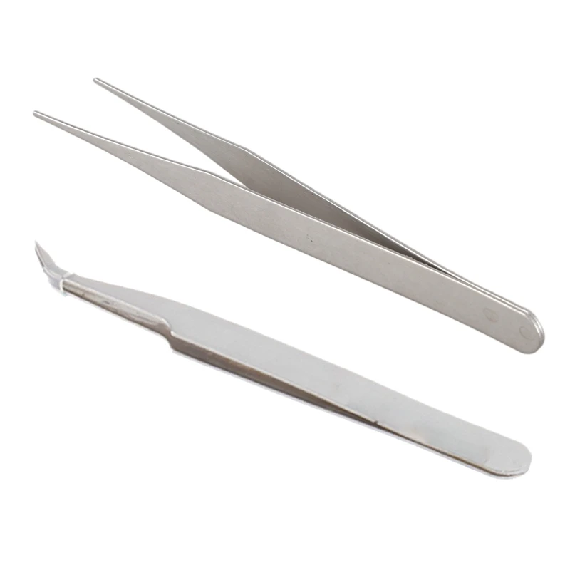 

2 Pcs Tweezer: 1 Pcs Fine Point Silver Pointy Straight Tweezers & 1 Pcs Anti-Static Tweezer Curved Pointed