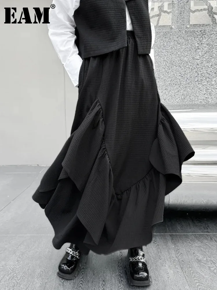 

[EAM] High Elastic Waist Black Irregular Ruffles Midi Slit Half-body Skirt Women Fashion Tide New Spring Autumn 2024 1DH4828
