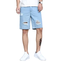 

Breathable Summer Men Denim Shorts Male Leisure Style Solid Color Ripped Straight-leg Short Trousers for Outdoor Dating