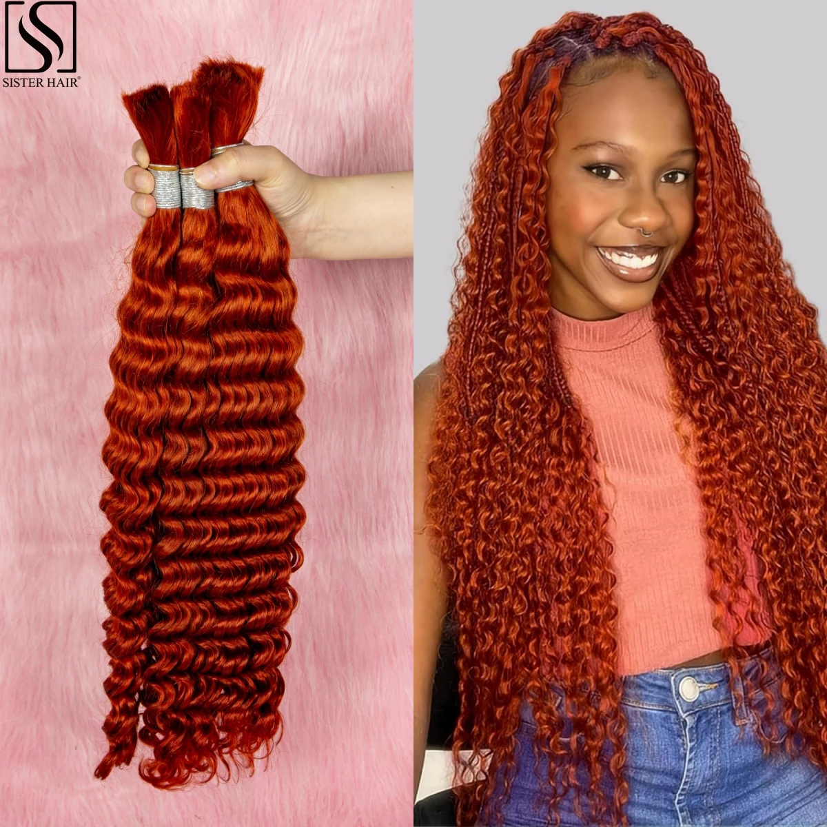 

26 28 Inches Human Hair For Braiding Ginger Orange Deep Wave Bulk No Weft 100% Virgin Hair Human Braiding Hair For Boho Braids