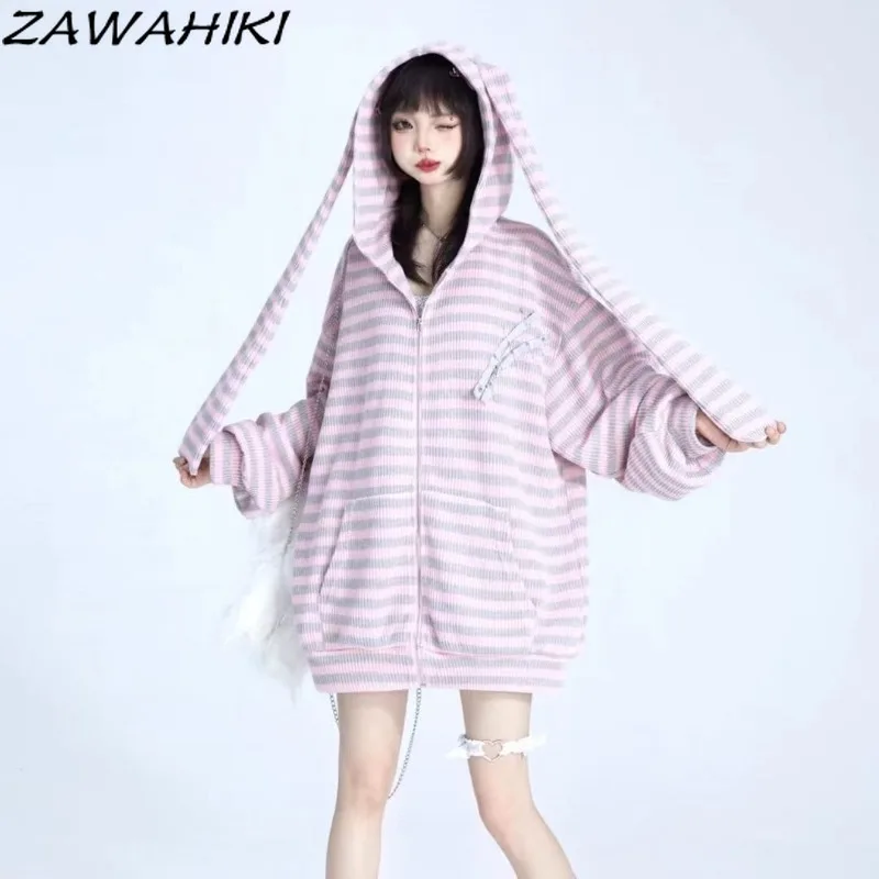 Spring Autumn New Loose Casual Striped Long Sleeve Zip-up Hoodies Women Chic Designed Cute Knitted Cardigan Tops Kawaii Clothes
Spring Autumn New Loose Casual Striped Long Sleeve Zip-up Hoodies Women Chic Designed Cute Knitted Cardigan Tops Kawaii Clothes