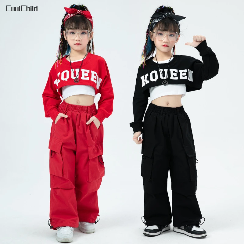 

Child Jazz Sweet Outfit Hip Hop Girls Crop Top Red Cargo Pant Kids Sweatshirt Street Dance Clothes Sets Teen Streetwear Costumes