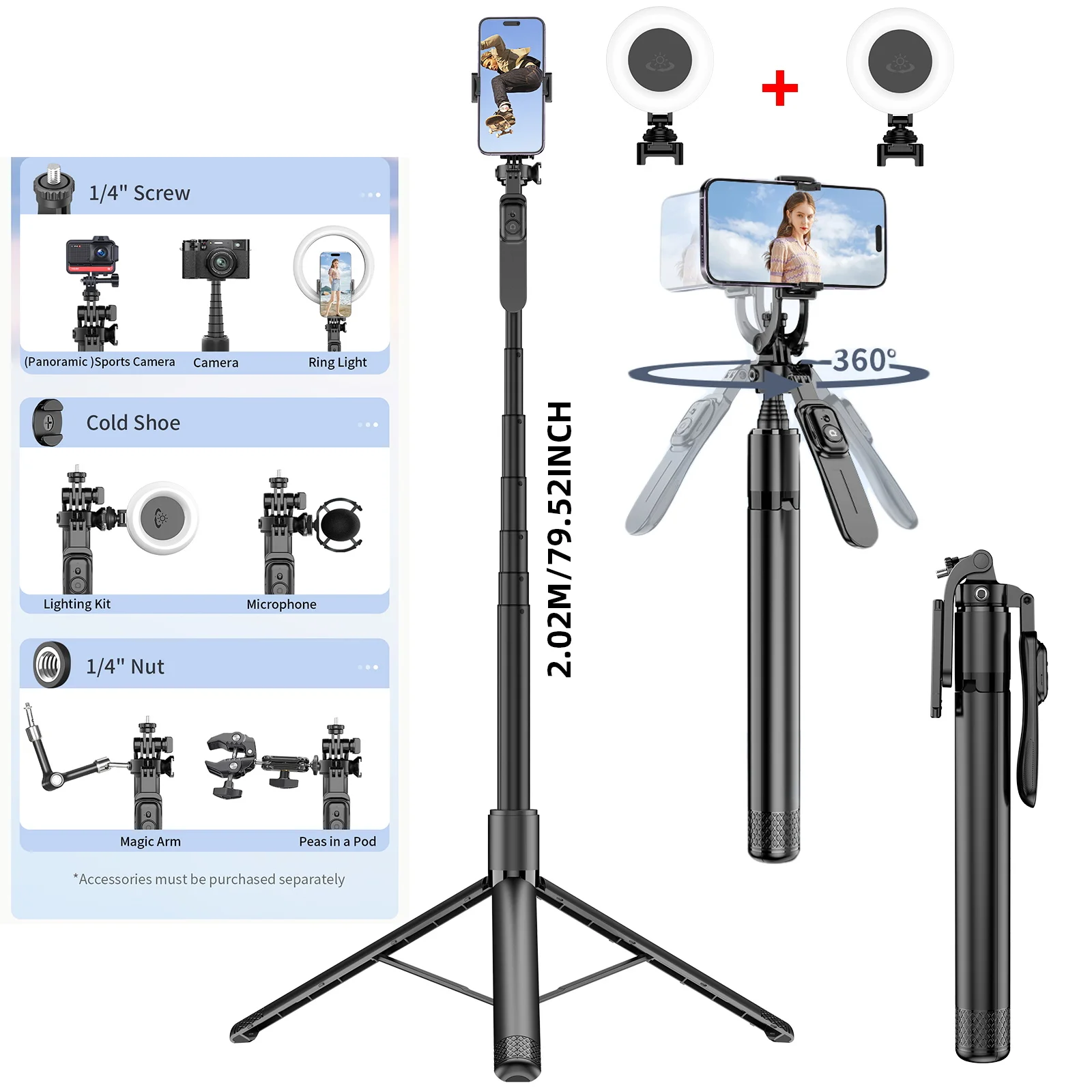 

2020mm Portable Tripod for Phone Camera Selfie Stick Tripod Stand Wireless Remote with 1/4 Screw 1/4 Nut Light for Camera Phone
