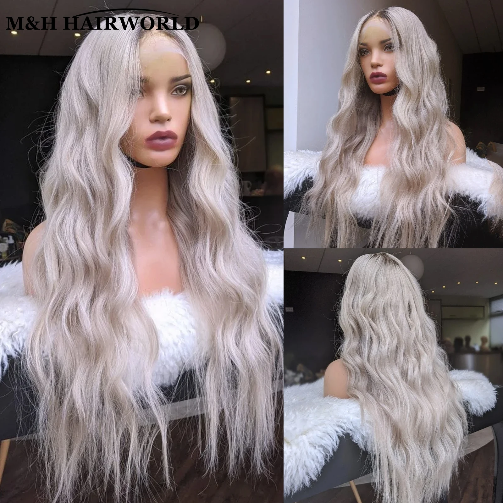 

Dark Root Light Grey Color Curly Wig Cosplay Synthetic Hair Lace Front Wig Ombre Ash Blonde Glueless Frontal Lace Wigs For Women
