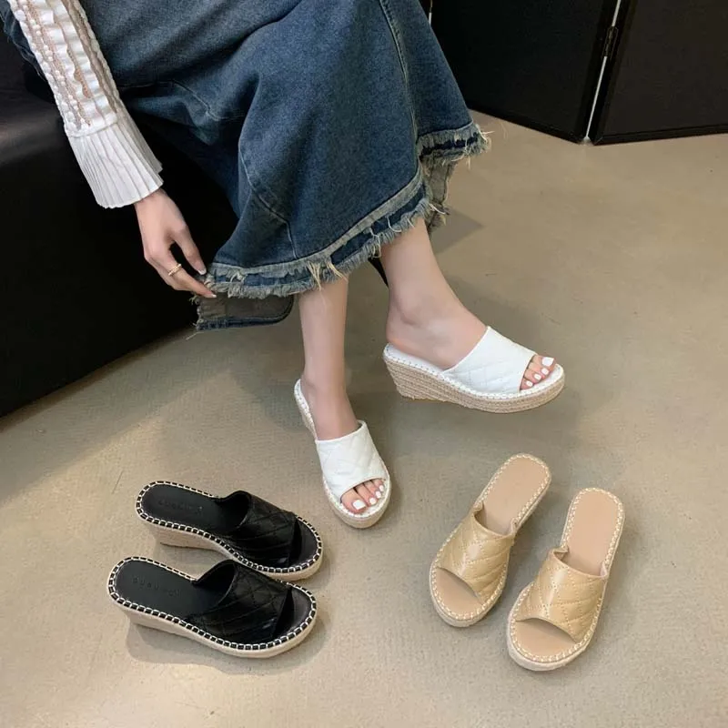 

White Heeled Slippers Apricot Designer Sandals Womens Straw Woven Platform High Heels Summer Shoes Casual Beach Slippers Vrouwen