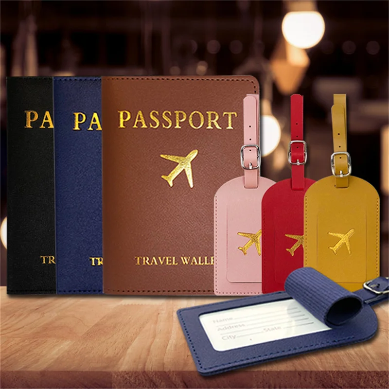 

Women Men PU Leather Luggage Tag Passport Cover Set Suitcase Name ID Address Holder Label Boarding Bag Tag Travel Accessorie