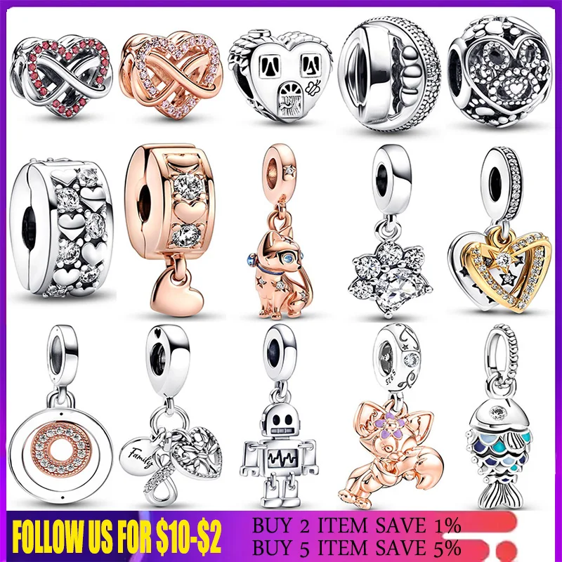 

925 Sterling Silver Family House Heart Robot Cat Logo Pavé Beads Fit Original Pandora Dangle Charm Bracelet Women DIY Jewelry