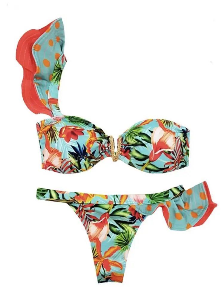 

2023 Sexy Bikinis Women Swimsuit Tropical Print Swimwear Brazilian Bikini Set Ruffle Bathing Suit Beachwear Biquini Female