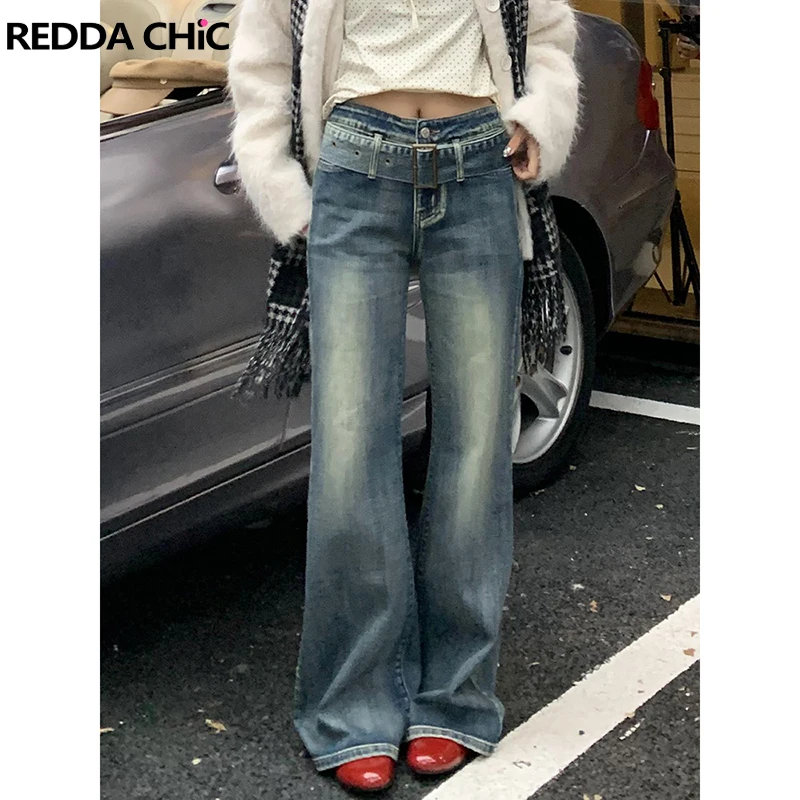 

ReddaChic Vintage Blue Belted Flare Jeans Women High Waist Distressed Casual Wide Leg Bootcut Pants Bell Bottoms Y2k Streetwear