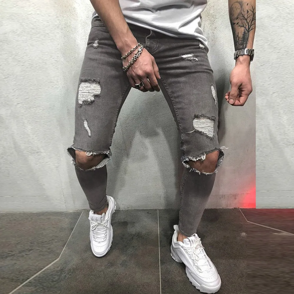 

Mens Skinny Stretch Denim Pants Distressed Ripped Frayed Slim Fit Jeans Trousers Work Trousers Jeans Pants Pantalones 2024