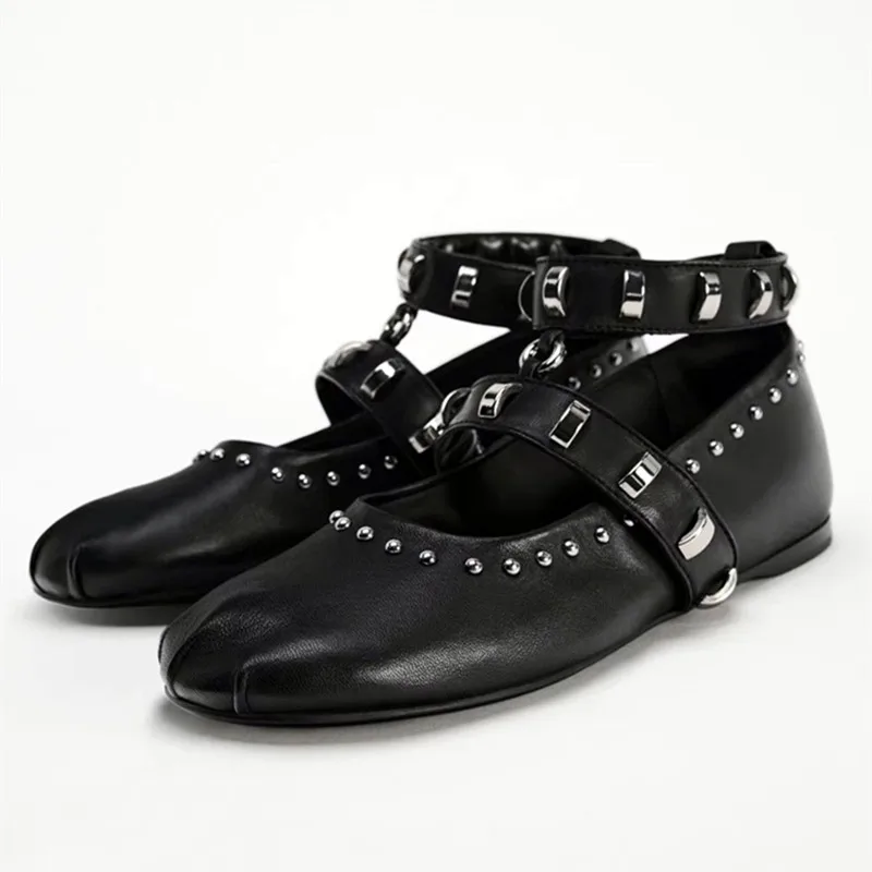 Vintage Rivet Designer Flats Shoes Women Punk Style Metal Belt Buckle Ballet Flats Black Comfortable Soft Leather Casual Shoes 2 Se1b94b6c32364ca2972cb4f98efb16ff4
