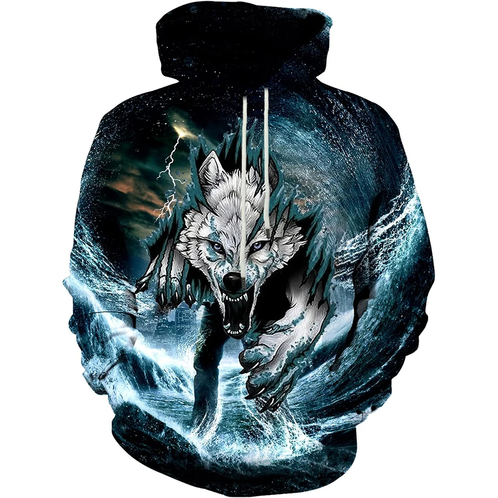 

2023 Spring and Autumn Animal Print Lion Tiger Wolf Pattern Hoodie Sweater Fashion Fun Casual Large Sports Hoodie