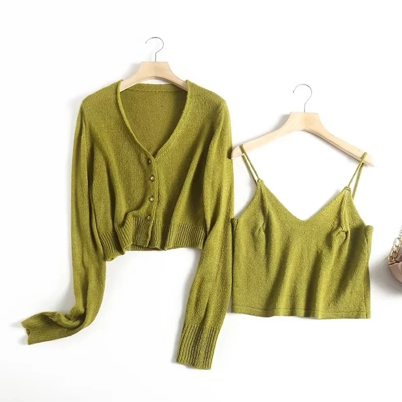 Jenny&Dave 2023 Ins Fashion Blogger Grass Green Sexy Knitted Camisole Single Breasted Cardigans Women Tops Sets
Jenny&Dave 2023 Ins Fashion Blogger Grass Green Sexy Knitted Camisole Single Breasted Cardigans Women Tops Sets
