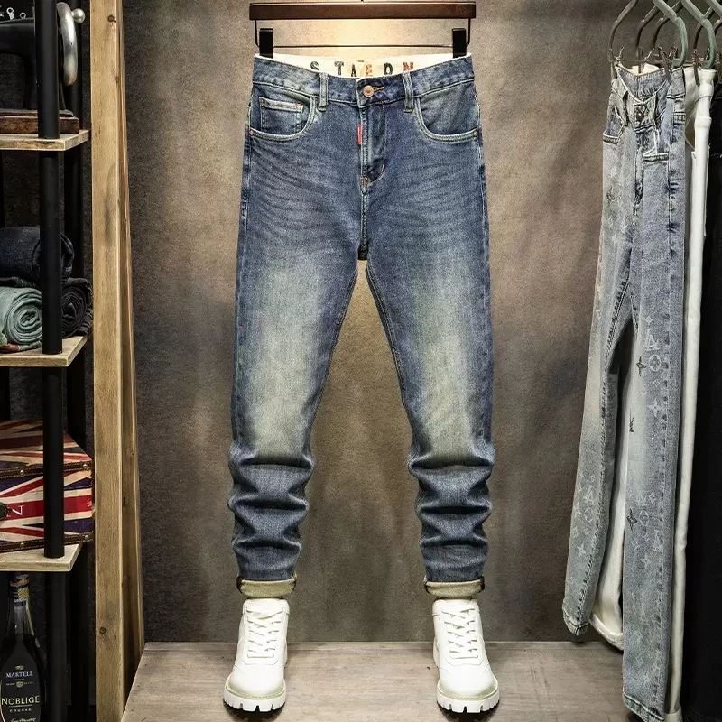 

Fashion designer men's slit jeans, high-quality retro blue elastic slim fit jeans, men's pants patchwork retro denim pants, Homb