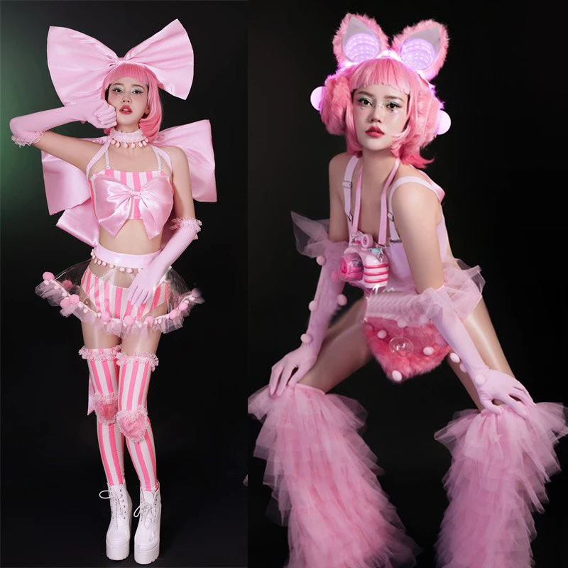 

Сексуальные танцевальные костюмы Gogo, женский косплей, праздничный наряд, розовые комплекты бикини, Ds Dj, сценическое исполнение, Rave одежда для клуба XS7279