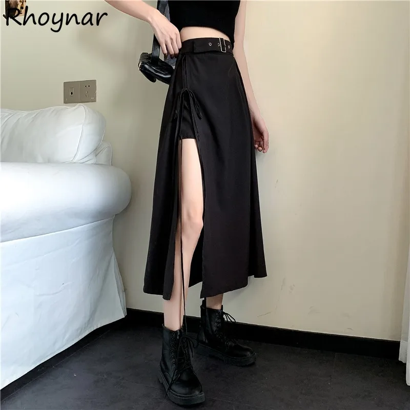 

Solid Skirts Women Summer Cool Girls High Waits Side-slit Lace-up Designed Spicy All-match Korean Style Temperament Leisure Chic