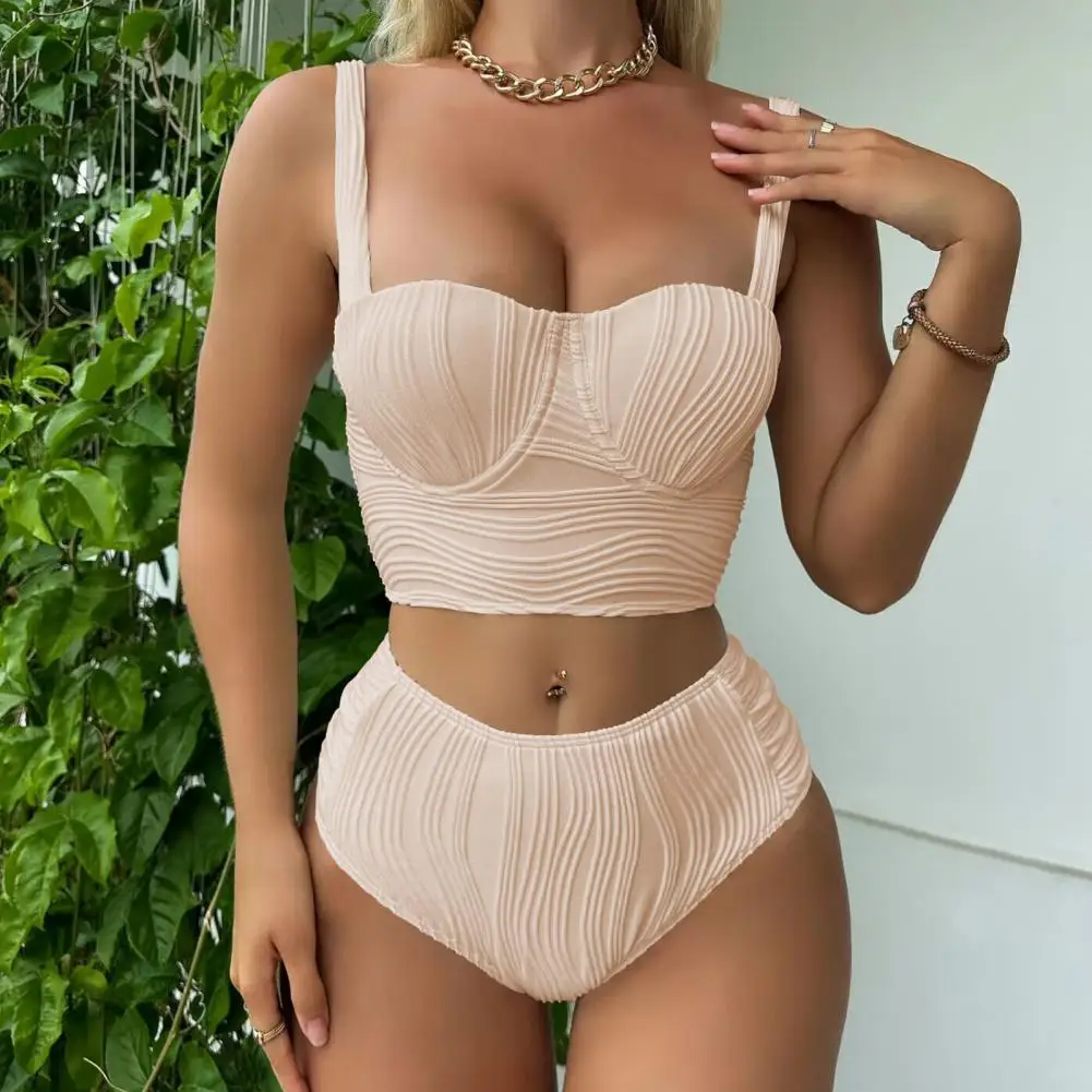 

Two-piece Bikini Set Stylish Women's Bikini Set with Underwire Bra High Waist Swim Trunks Solid Color Beachwear for Summer Fun