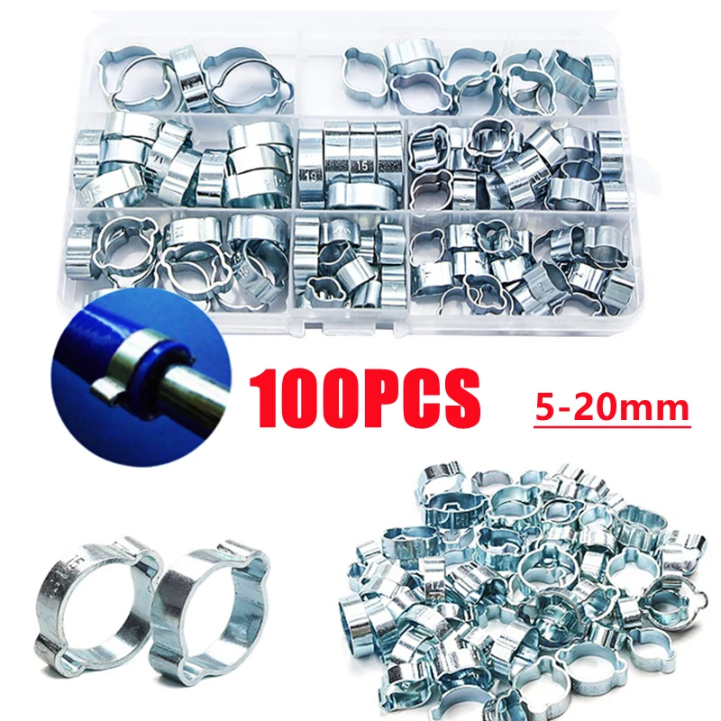 

100Pcs 5-20mm Double Ear O Clip Air Fuel Hose Clamp Petrol Pipe Water Hose Pipe Clamps Clips Zinc Plated Assorted Kit