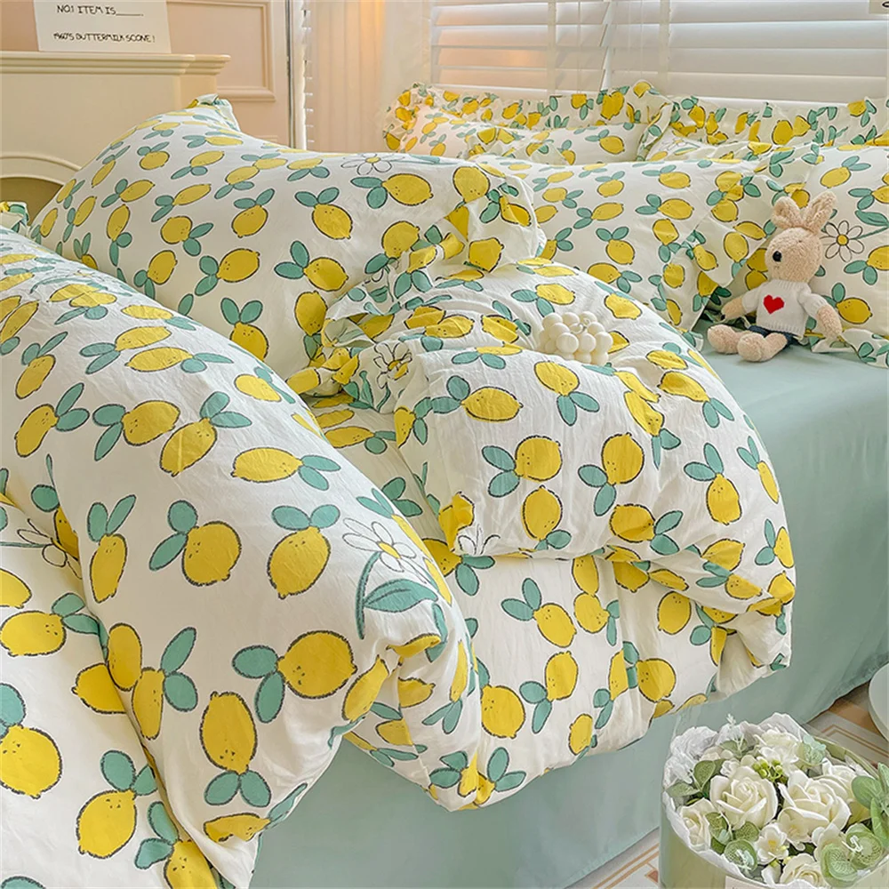 

Fresh Plant Flower Bedding Set for Children and Adults Lemon Duvet Cover Pillowcases Soft Washed Cotton Home Textiles Bed Sheet