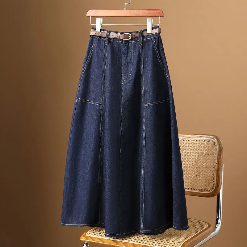 

MODX 2023 Spring New Korea Fashion Women High Waist Loose Vintage Blue A-line Skirt All-matched Casual Cotton Denim Skirt P116