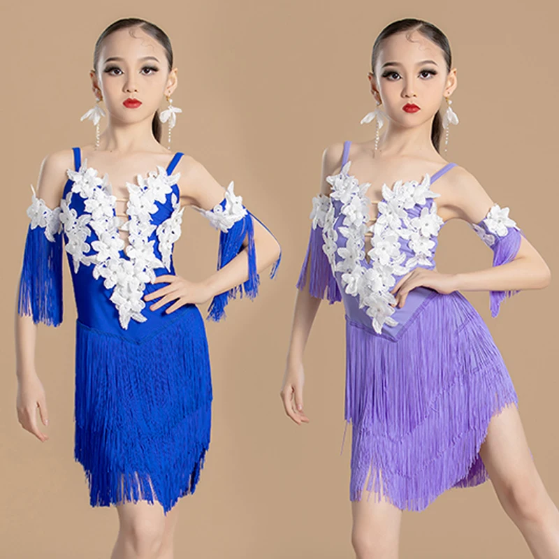 

Blue Purple Latin Dance Costume Girls Competition Clothes Flower Fringe Dress Kids Cha Cha Rumba Samba Performance Dress BL12933