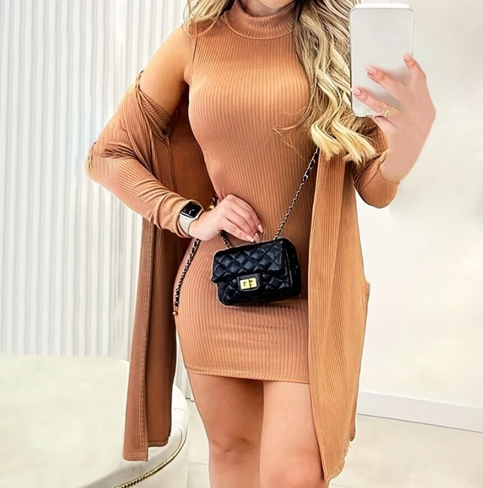 

Slim and Youthful Girl Sexy Monochrome Sleeveless Dress+Long Sleeved Cardigan Set New Quick Hair