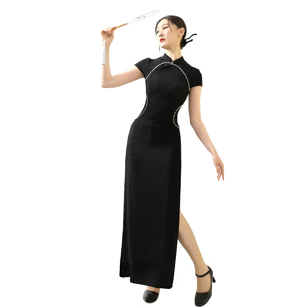 

Women's Chinese Cheongsam Dress Mandarin Collar Slim Fit Short Sleeve Qipao Dress Woman Sexy Black Cheongsam China Qipao Long