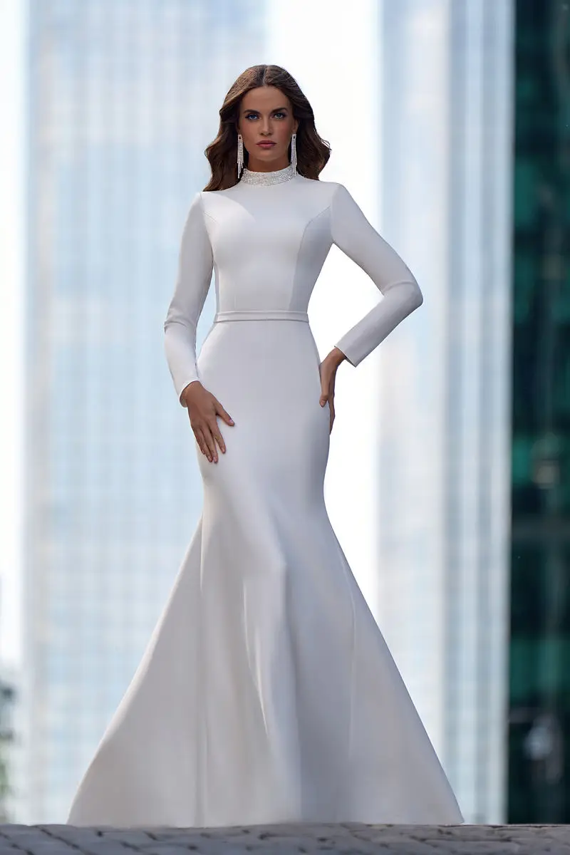 

Mermaid Wedding Dress Long Sleeve High nech Beading Open Back Satin Bridal Gowns Customize To Measures Elegant Robe De Mariee