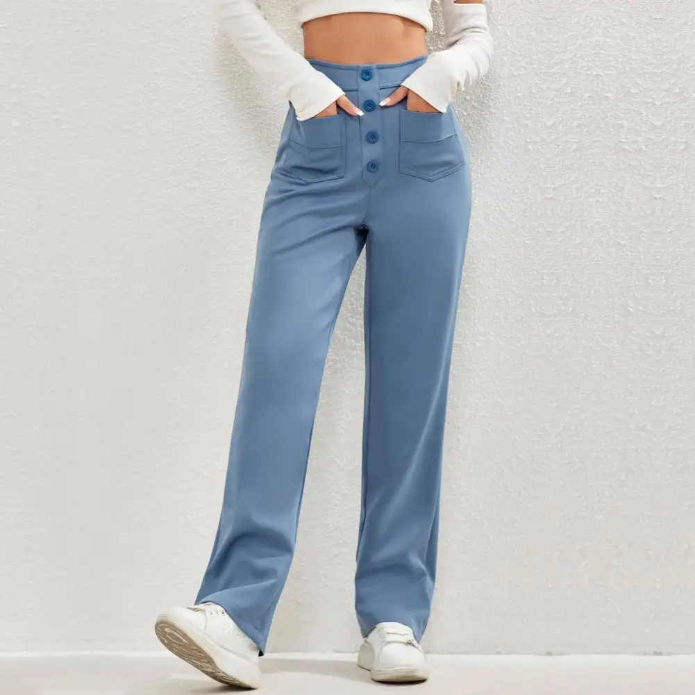 

Straight Wide-leg Overalls Stylish Women's High Waist Cargo Pants with Button Detail Pockets Solid Color Straight for Streetwear