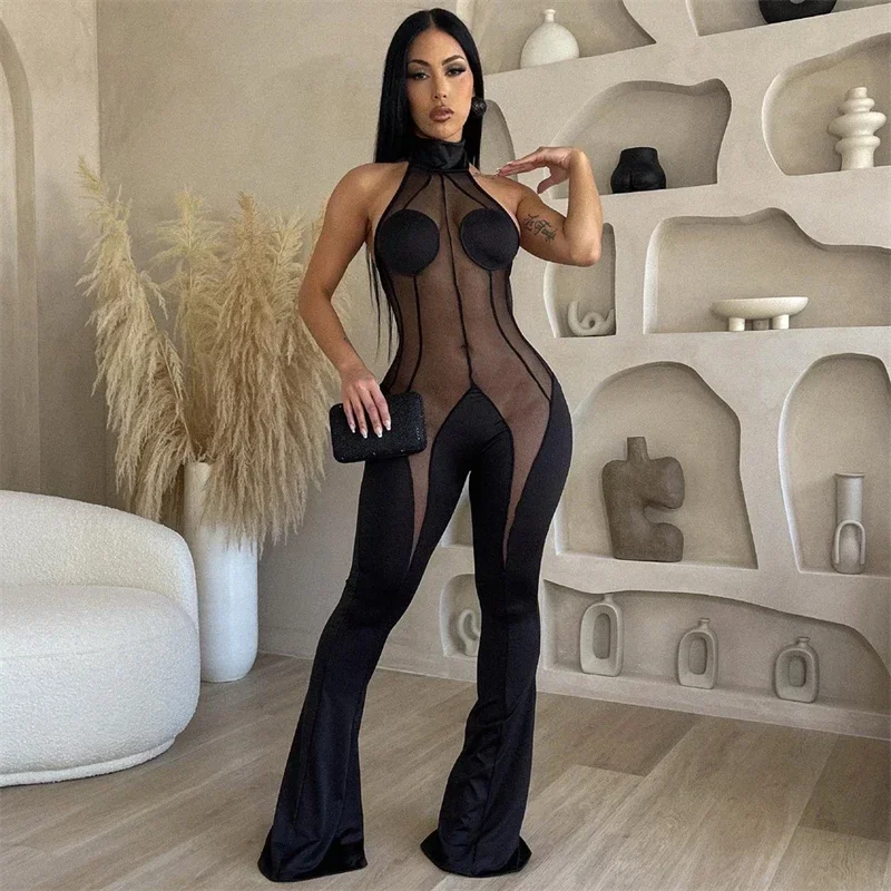 Sheer Mesh Patchwork Flare Jumpsuit Women Sexy Halter Lace Up Backless Boot Cut Pants Club Party Overalls Female Rompers
Sheer Mesh Patchwork Flare Jumpsuit Women Sexy Halter Lace Up Backless Boot Cut Pants Club Party Overalls Female Rompers