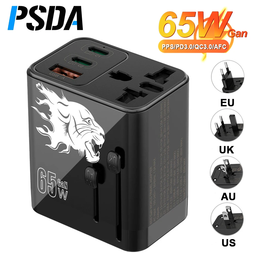 

PSDA 3D UV 3port 65W GaN Super Fast USB C Power Adapter Global Universal US EU AU UK Plug Travel Charger Head with AC Socket